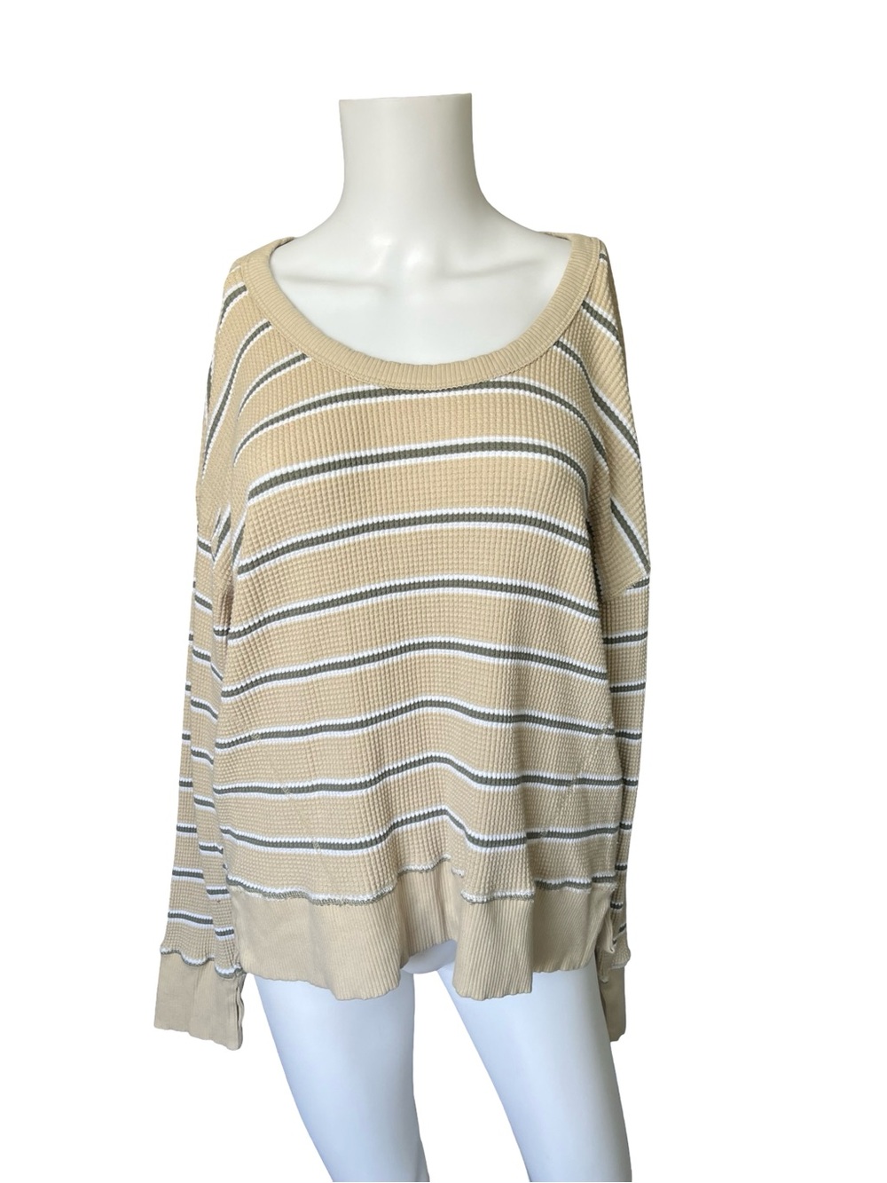 Offline by Aerie Waffle Knit Pullover Striped Tan Green Oversized Size Small - Picture 8 of 8